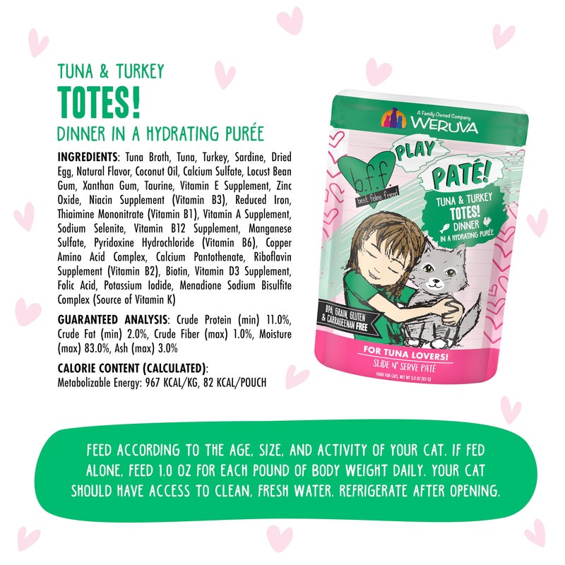 Weruva B.F.F. Play - Best Feline Friend PatÃ© Lovers, Aw Yeah!, Tuna & Turkey Totes! with Tuna & Turkey, 3oz Pouch (Pack of 12) - Image 4